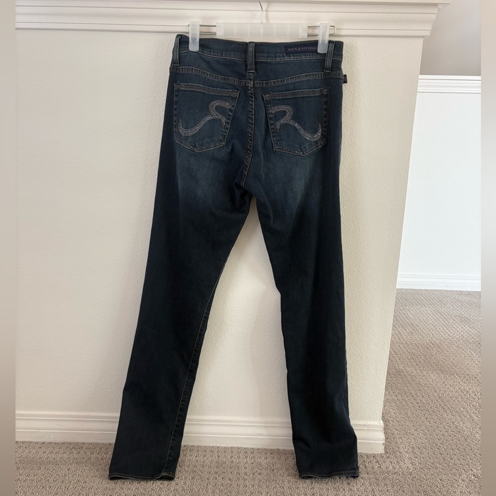 Rock & Republic Y2k Jeans Womens Dark Wash Slim Bootcut Mid Rise w/Rhinestones